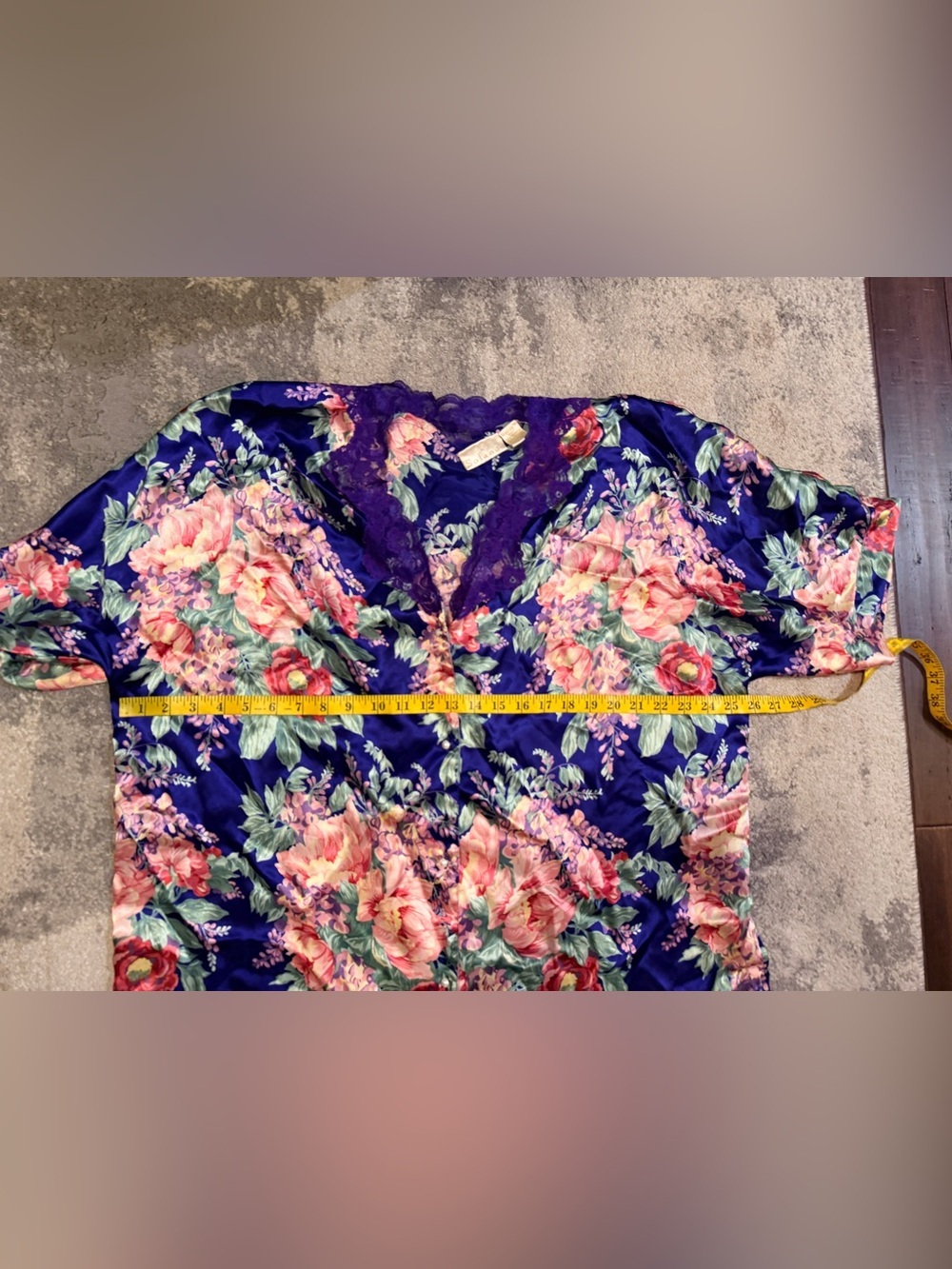 Solange Floral Satin Robe with Lace Trim - Purple & Pink - Picture 5 of 6